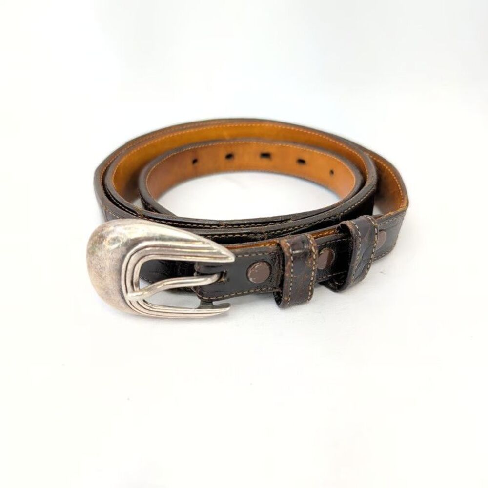 Max Lang Sterling Silver Buckle Lucchese Ultra Belly Caiman Belt Size 34 Strap